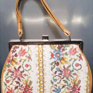Flowers on Vines Carpet Purse with Brown Vinyl Handle and Sides