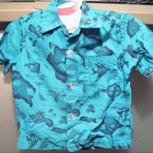 UiMaikai Blue with Hawaiian Islands Speed Boats Surfers Volcano's & Fish Boy's Hawaiian Shirt