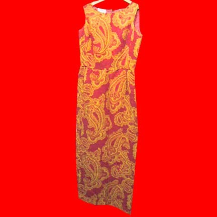 Neusteters sports shop knit lava Red with Gold paisleys sleeveless full length dress