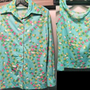 Bernie Bee of New York Light Blue with Mod Green Yellow Purple Stylized Flowers Long Sleeve Blouse with Matching Sleeveless Top