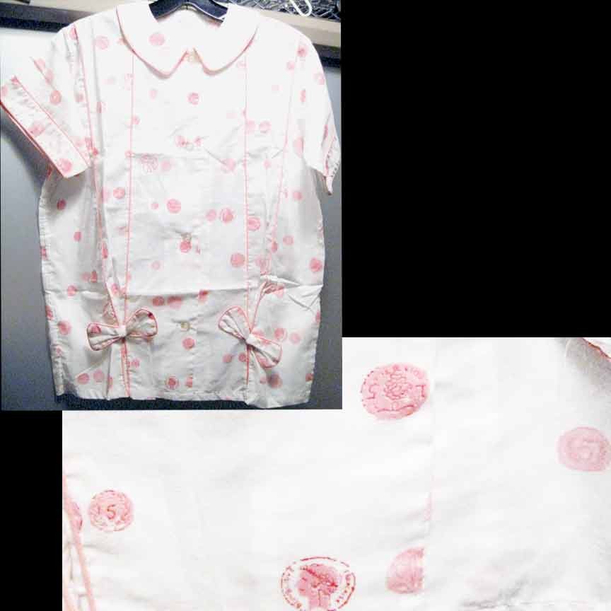 Weldon White with Pink raised edge verticals and Pink Foreign Coins with Bows at Waist Pajama Top