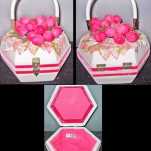 Hexagonal Wood Box Purse with Pink Berries and Leaves Top and Pink Trim