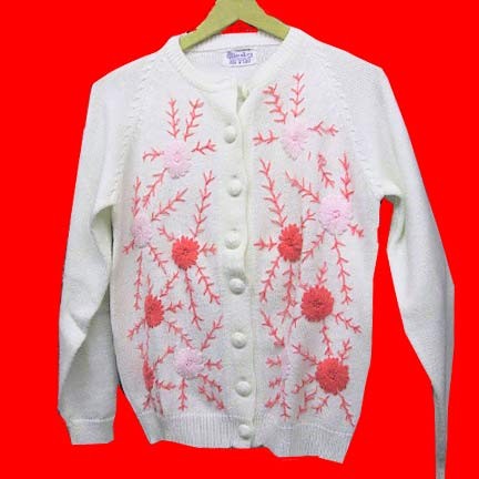 Glen Lea White Acrylic with puffy Pink and neon Orange flowers with mixed color branches covered button sweater