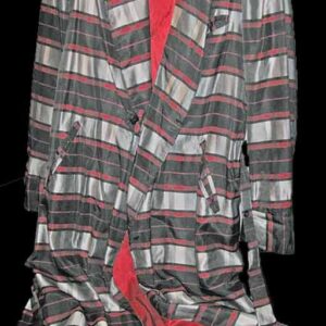 Rabhor Men's Smoking Jacket Robe with Shiny Wide Red Gray and Black Plaid Stripes with Sash