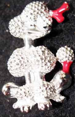 Seated Silver Poodle with Red Ribbons 1950's Pin