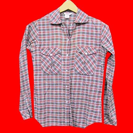 Casual Corner Red tones and Green western plaid long sleeve blouse with two oversized chest pockets