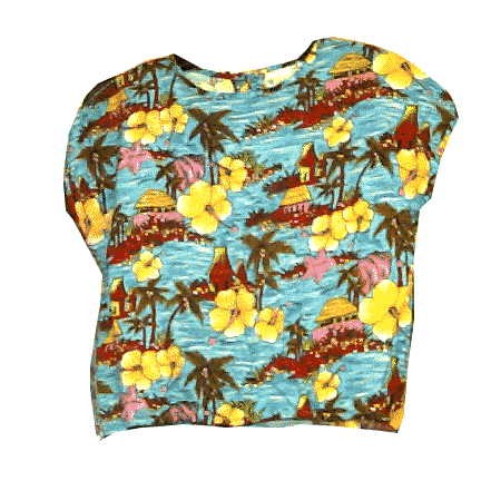 Tropical Fashions Blue with Huts & Palm Trees Belly Blouse