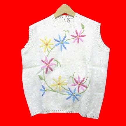 Joyce Lane White knit wool with colorful flowers on Green stems sleeveless sweater with top