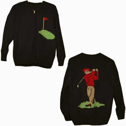 Heavy Crocheted with Lined Black Zipper Front Sweater with Golfer on the Back Green Flag on Chest and Club Ball Zipper Pull 60s