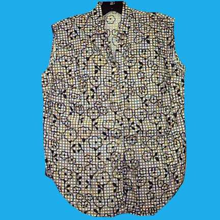 Tan Check with Black Pencil Flowers Sleeveless Women's Shirt