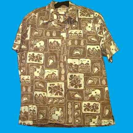 Cooke Street Brown with White reverse Print Blocked Ukulele Flowers Shells Pineapples Etc. Hawaiian Shirt