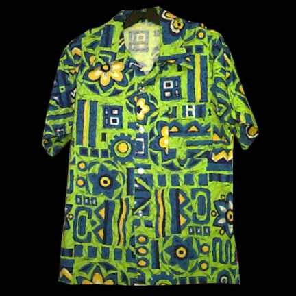 Lime Green with Blue Gold and White Blocks Tapa and Flowers Hawaiian Shirt