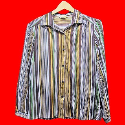 Reve' Green Black Gold Brown Green Tan and White various width vertical stripped long sleeve blouse
