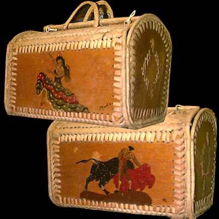 Hand Painted Flamenco and Bullfighter signed Wood Sides Thick Straw Woven Purse