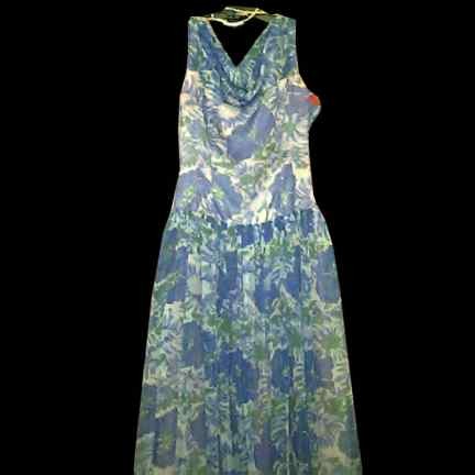 Marsha Young Light Blue with Dark Blue & Green Flowers Sheer Overlay Net Prom Dress