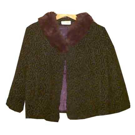 Franklin Simon Black Waist Length "Poodle Cloth" Lambs Wool Coat with Brown Fur Collar