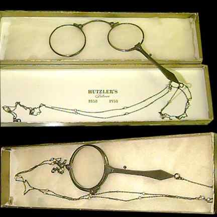 Spring Loaded Opera Style Eyeglasses with Pearl Spaced Neck Chain in original Box