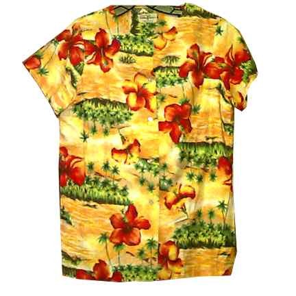 Hukilau Fashions Orange Streak with Palm Tree Oasis with large Red Flowers 1/4 Sleeve