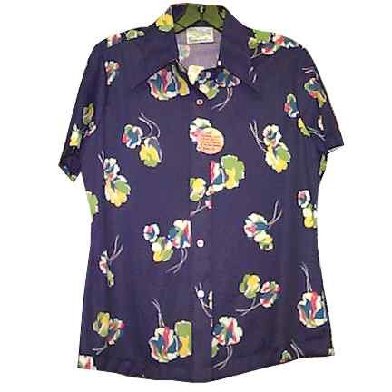 Sears Deep Blue with Pastel Colored Roses Dead Stock with Tags Short Sleeve
