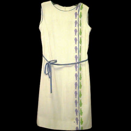 Vested Gentlemen Hand Screened White with Purple & Green Line of Fishes on Side Dress with Belt