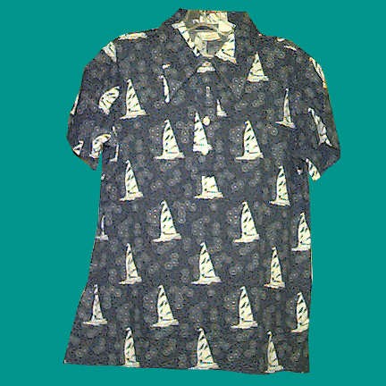 JC Penney Blue with White Dotted Pin Shapes & Decagons with Sailboats Poly Short Sleeve
