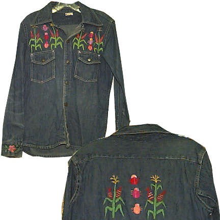Lemay Denim Light 2 Pocket Jacket with Embroidered Bugs & Corn Stalks on Back and Above Pockets