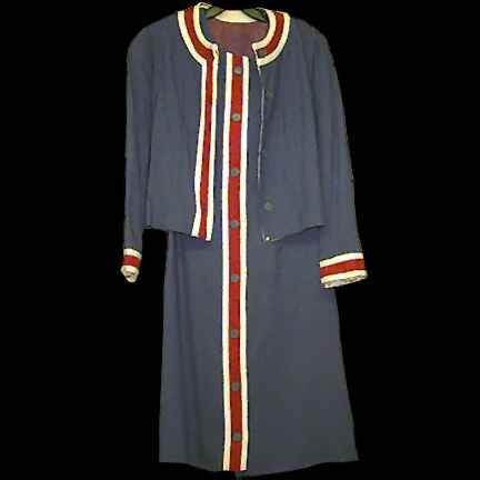 Saks 5th Ave. Blue with Red & White Vertical Front Lined Linen Sleeveless Dress & Matching Jacket