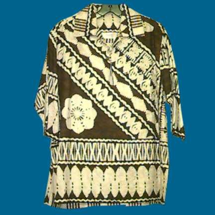 Nokealani of Alexandria Va Brown with White Cut Tapas and Waist Border V Neck with Single Metal Crest Button Bark Cloth