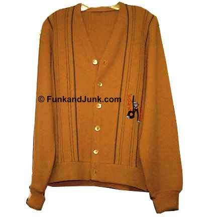 Rust Orange Sweater with Brown & Green Lines on Panels Button Front Cardigan