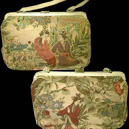 Oriental Garden Meeting Scenic with Admiring Boy with Gift & Other Oriental Designs Bead and Stone Accented Purse