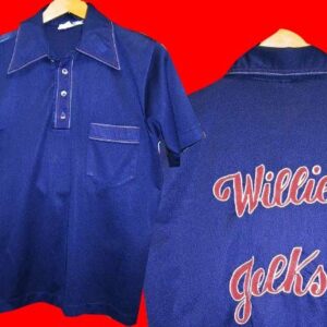 Montgomery Ward Blue with Red and White neck collar and pocket piping bowling shirt with chain stitched Willie Jelks back