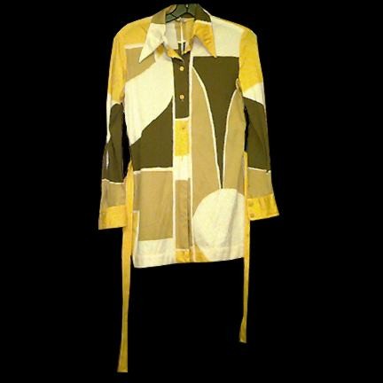 Vera White with Fully Overlaid large Mosaic Pieces in Tan Yellow and Green with Yellow Belt Long Sleeve