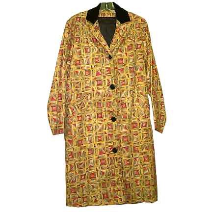 Yellow Grid Work with Raspberry Shapes and Grey with White Blocks 50's Curtains Look Women's Coat with Velveteen Collar