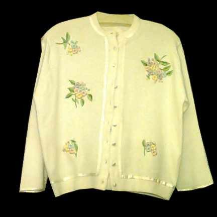Greek Hand Made White with Embroidered Raised Bouquets of Flowers with White Trim Button Front Sweater