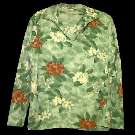 Vera Sponged Green with Burnt Orange and White with Green Flowers with Leaves Open "V" Neck Long Sleeve