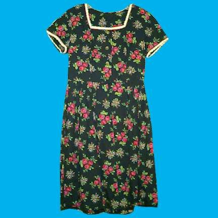 Black with Roses on Vine with Pleated Bottom 1/2 Button Front with Lace Edging Short Curved Sleeve Dress