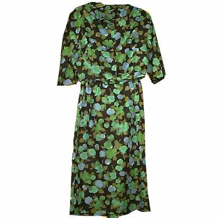 Carol Craig Black with Blue & Two Tone Green Flowers and Leaves Halter Dress with Matching Lightweight Jacket