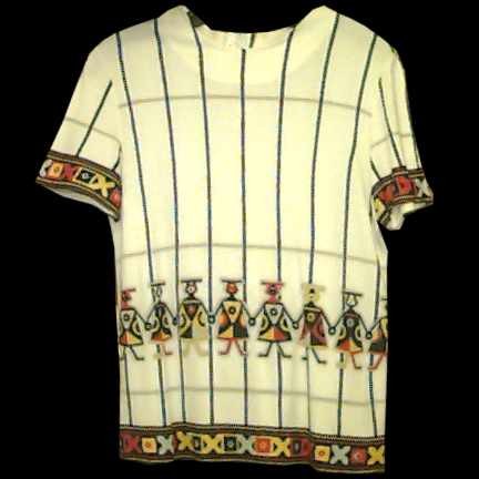 Textured White Poly with Blue Vert and Mosaic Like Men Holding Hands Around Waist Short Sleeve