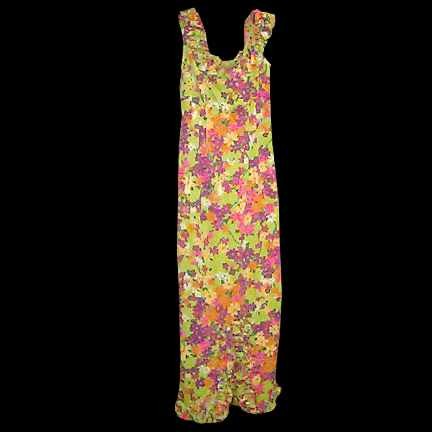 Andrade Resort Shop Green with Fluorescent Orange Purple Etc Flowers Ruffled Neck and Hem