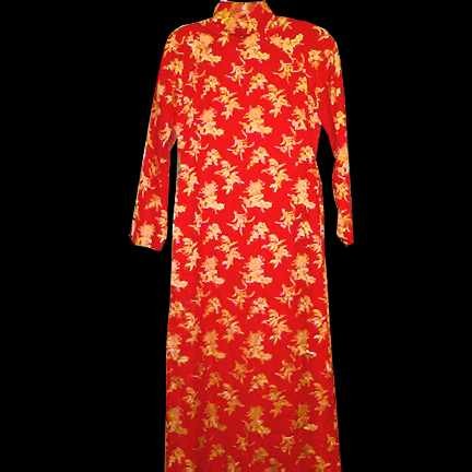 Traditional Saigon Hostess Bright Red Orange with Gold Blossoms on Branches Oriental Cross Neck Snap