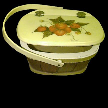 Wood Slat with Yellow Lid and Handle with Strawberries Decal on top Basket Purse