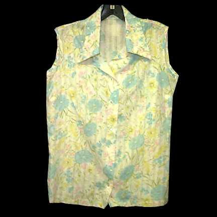 White with Pastel Flowers & Cut Through Verticals Sleeveless Blouse
