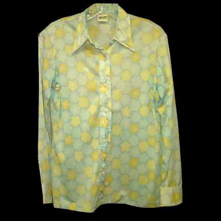 Vera Light Blue with Aqua & Yellow Flowers with White Swirled Interiors Long Sleeve Blouse