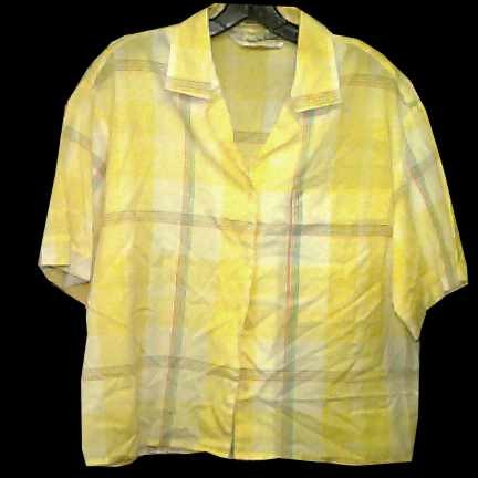 Diane Von Furstenberg Yellow & White large Checkerboard with Overlay Orange & 2 Tone Green Crossed Grouped Stripes Short Sleeve