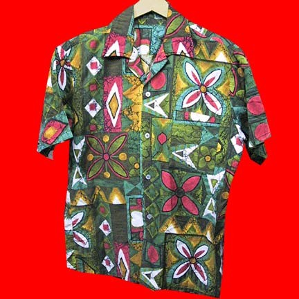 Batik lined color block and wedges with floral and geometric shapes Tapa print Hawaiian shirt