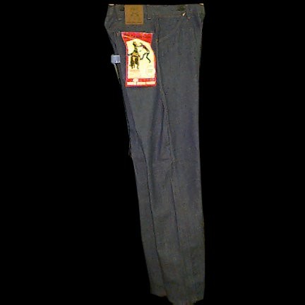 Blue Bell Bar B Deadstock Western Deep Indigo 50's Jeans with Cowboy Leaping on Horse large Tag and Crossed Guns Waist Tag