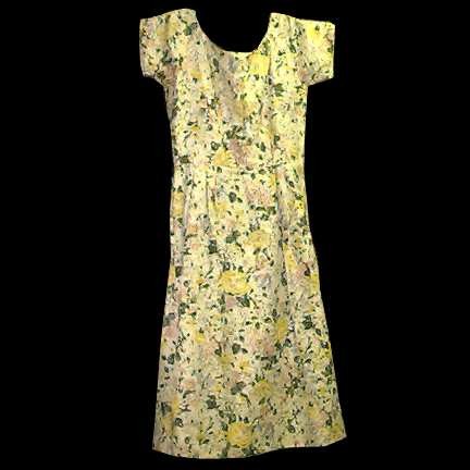 White with Yellow and Peach Flowers with Green Leaves and Silver Leaves 50s Summer Cocktail Sleeveless Dress