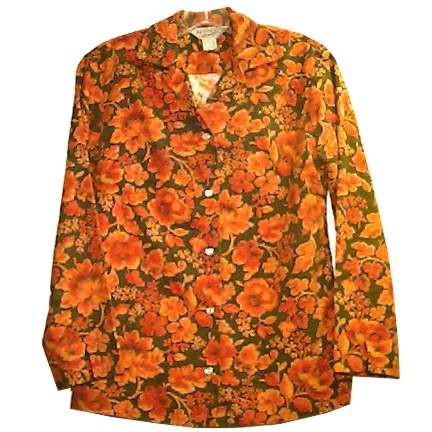 H Bar C Brown Corduroy Look with Great Orange Fall Look Flowers Pearline Snap Front Jacket Weight Long Sleeve