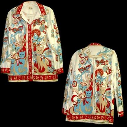 Mr Fine White with Red Border with White Oriental Letters and Cats with Ribbons Butterflies Long Sleeve Heavier Weight Blouse