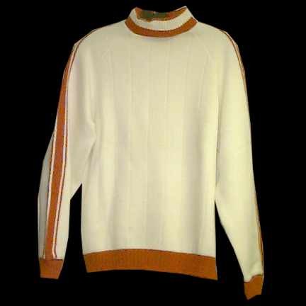Puritan Ski Lift White Ribbed Knit with Rust Orange Strip Arms and Orange Stripped Roll Over Turtle Neck Collar Men's Sweater